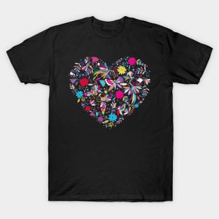 Otomí mexican heart embroidery colorful traditional print flowers and animals interior design T-Shirt